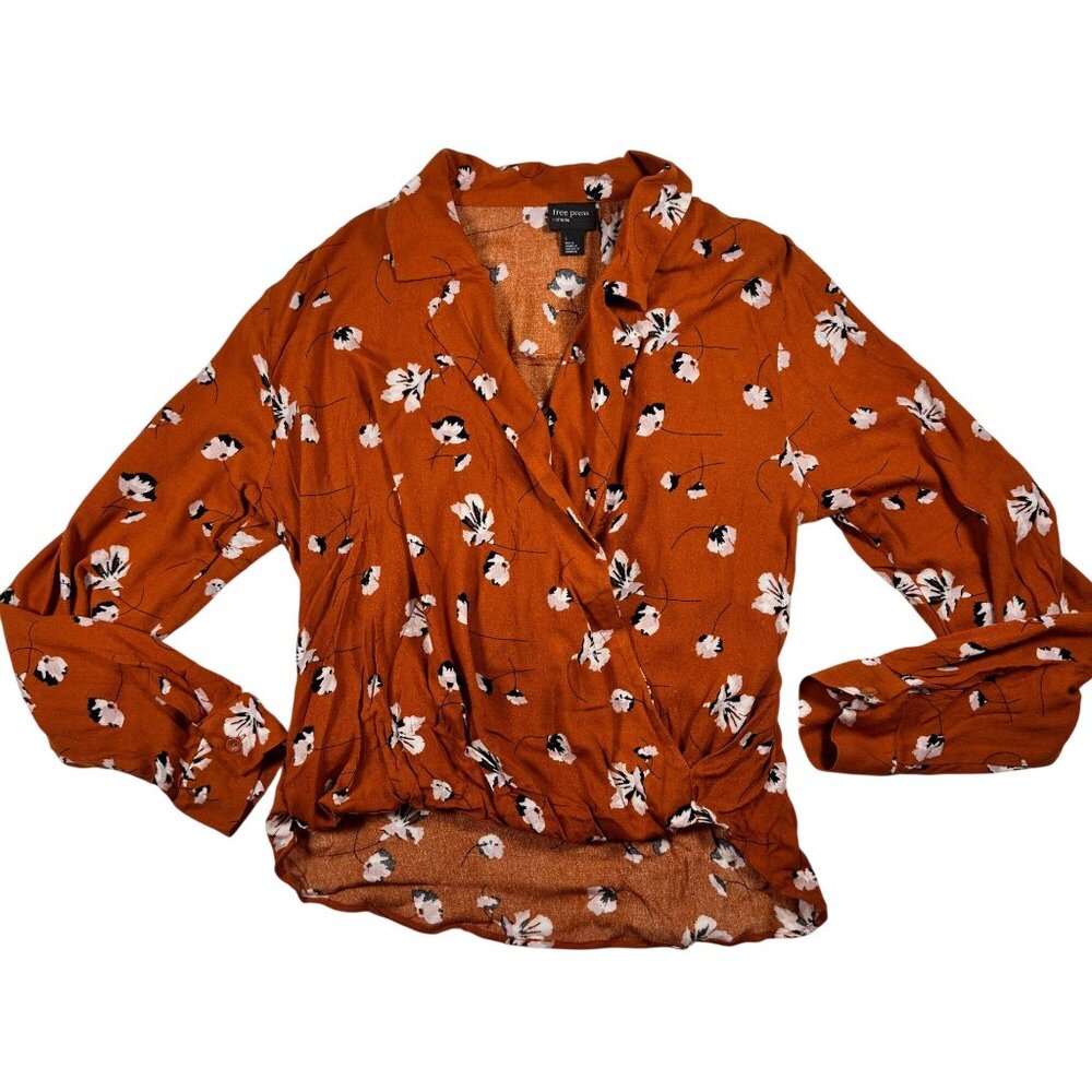 Free Press Rust High Low Notch Collar Surplice Wrap Long Sleeve Floral Top Small